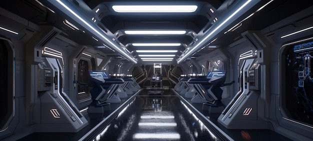 Science fiction interior rendering scifi spaceship corridors red light generate ai