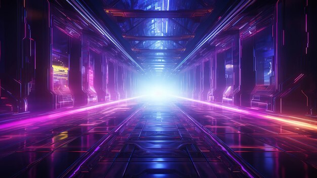 Science fiction interior scene scifi corridor render scene with neon lights generative ai