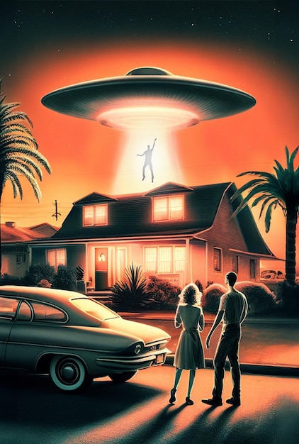 Science fiction poster couple and ufo concept ai generated