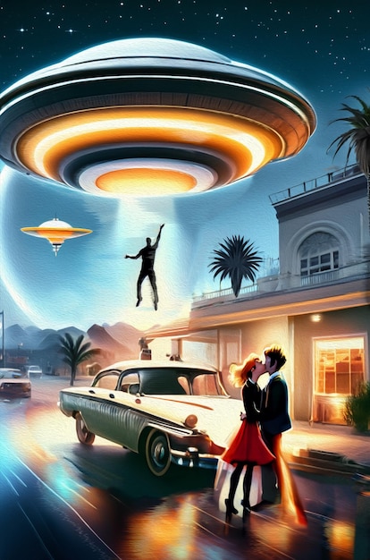 Science fiction poster couple and ufo concept ai generated