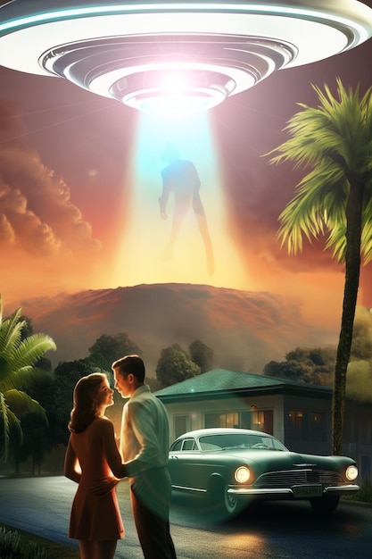 Science fiction poster couple and ufo concept ai generated