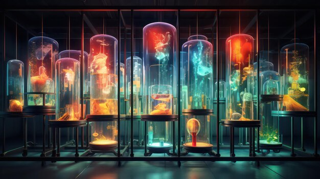 Foto scena di fantascienza con l'immagine di un corpo umano all'interno di una lampadina di vetro