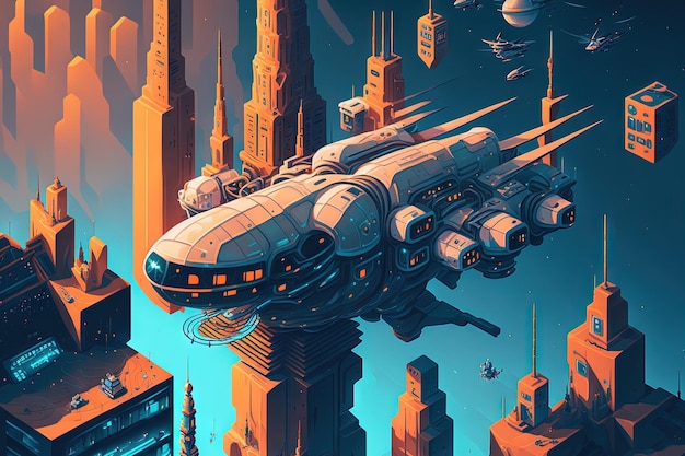 Science fiction set in the future electronic art city that flies and floats