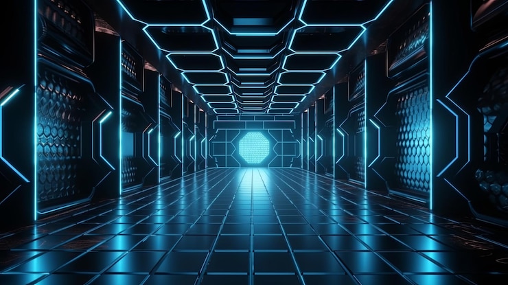 Science fiction space station illustration with dazzling lighting
