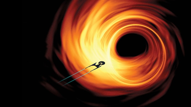 Photo science fictional image of a starship in deep space at the black hole.