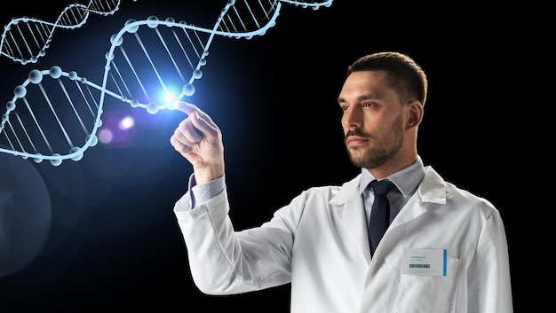 science, genetics and people concept - doctor or scientist in white coat with dna molecule projection over black background