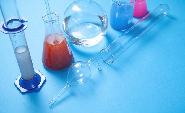 Photo science glassware with colored liquid in chemistry laboratory