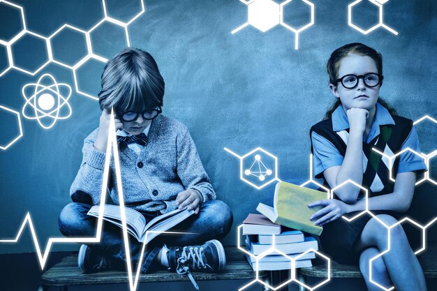 Photo science graphic against kids with stack of books in classroom