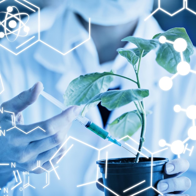 Science graphic against woman injecting plant stalk with green chemical