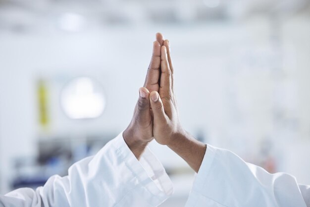 science hands and scientist high five in a laboratory with success celebration or support zoom pharma partnership and doctors with goal emoji for medical solution and lab teamwork or motivation
