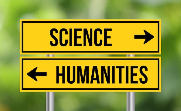 Science or humanities road sign on blur background