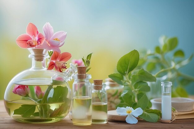 写真 自然アロマティック・エッセンシャルオイル (新鮮な花の精油) 皮膚ケアの新製品健康で自然なコンセプト