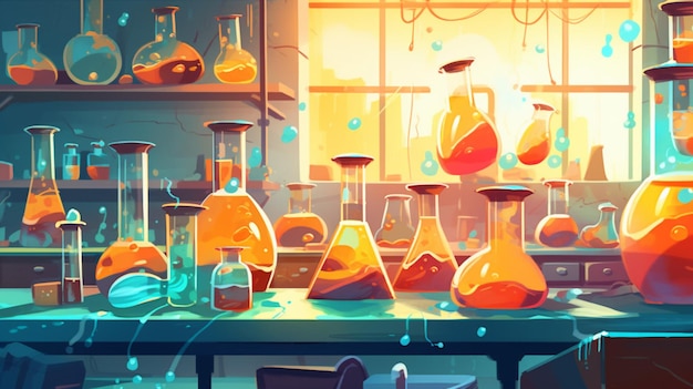 A science lab with a lot of beakers and a yellow light coming through the window.