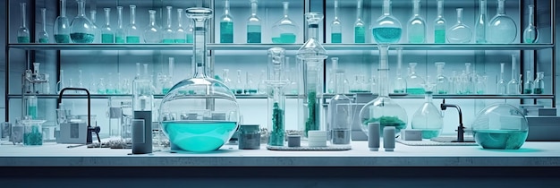 Science laboratory interior laboratory full of blue and green glassware