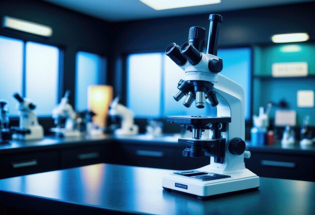 A science laboratory microscope set against a bluetoned background offering a space