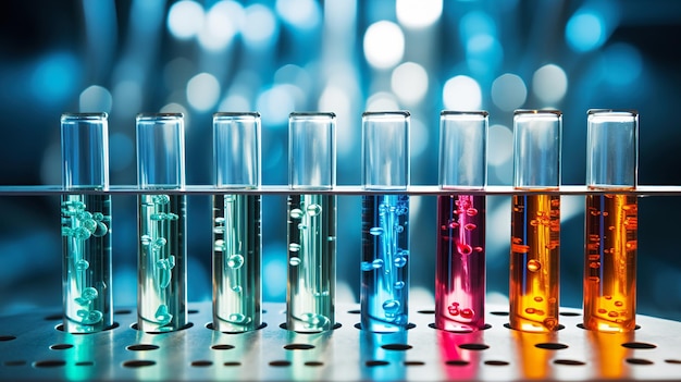 Фото Пробирки научной лаборатории с лабораторным оборудованием красочных жидкостей