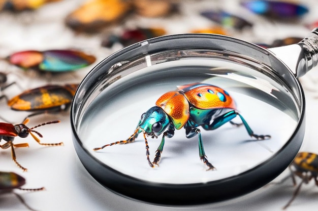 Science magnifying glass and dogbane beetle for closeup research study and entomology mockup space