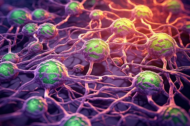 Foto astrazione della scienza e della medicina con i neuroni che trasmettono il segnale della sinapsi sistema neurale con impulso che passa attraverso la cellula nervosa ia generata