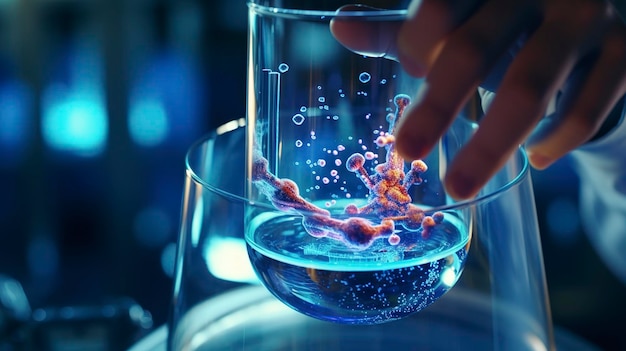 Foto scienziato della scienza e della medicina analizza e fa cadere un campione in un bicchiere