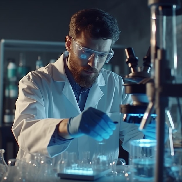 Ученый в области науки и медицины анализирует и бросает образец в эксперименты со стеклянной посудой