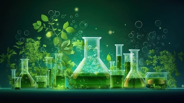 Science and nature concept green laboratory with test tubes