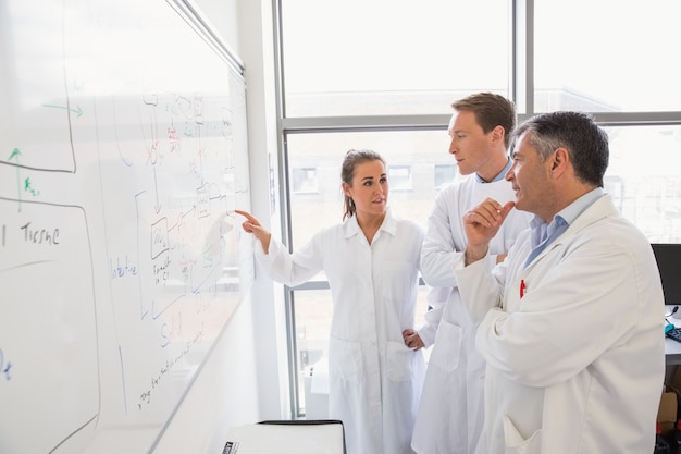 Science students and lecturer looking at whiteboard