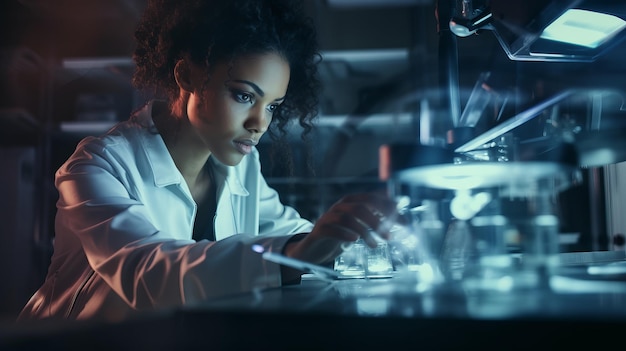 Photo science tablet and black woman in laboratory for experiment pharma innovation