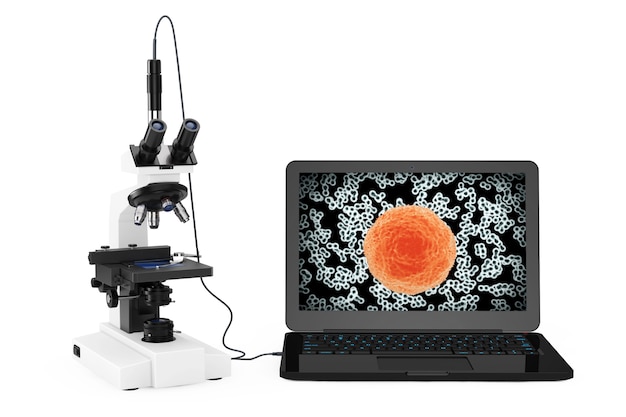 科学技術の概念。白い背景の画面上の細菌やウイルスとラップトップに接続されている現代の実験用顕微鏡。 3Dレンダリング。