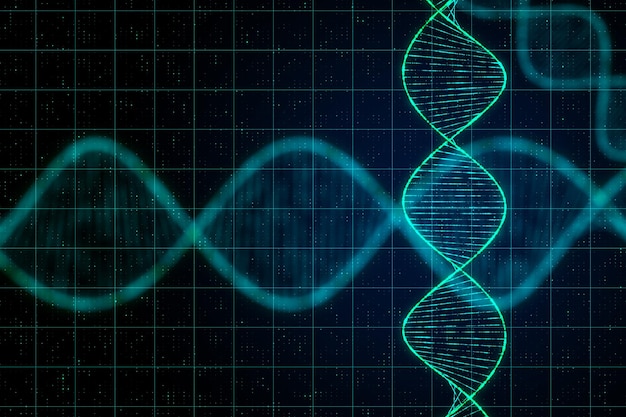 Science and technology concept with digital dna spiral and abstract technology checkered background 3D Rendering