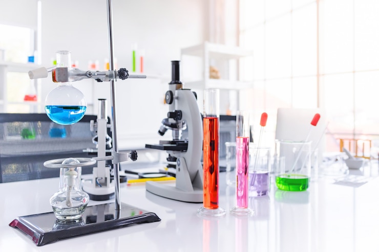 Photo science test tube and equipment on white top table in science lab
