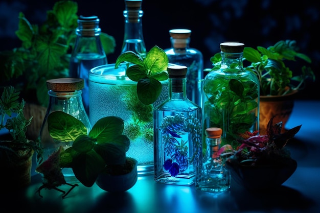 Science with samples of plants and bottles with Generative AI