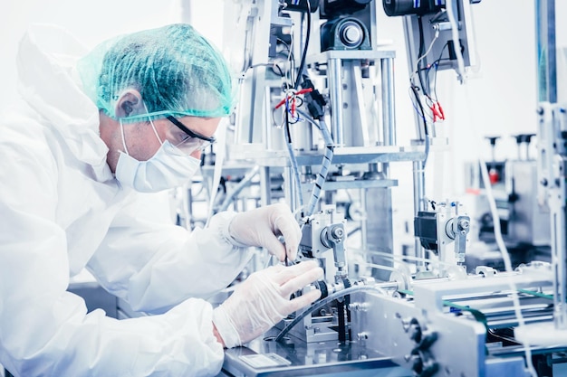 Photo science worker engineer service fix repair advance machine in medical equipment hygine factory