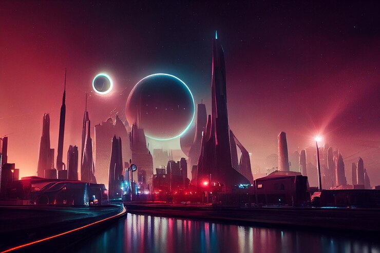 Foto sciencefiction futuristisch cyberpunk neon nacht stad street art illustratie
