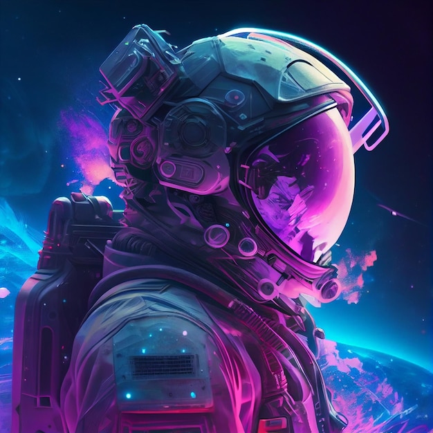 Sciencefictionscène met mysterieus astronautenfiguur ruimtepak Zijaanzicht Retrowave Generative Ai