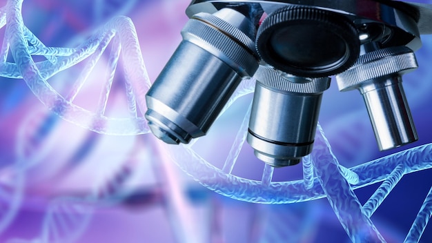 Scient classic DNA structure illustration and microscope