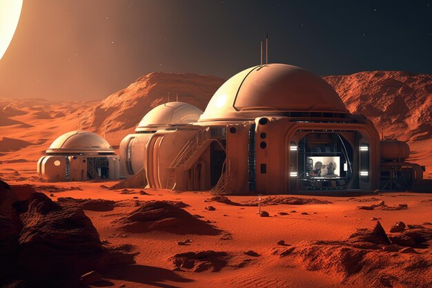火星の表面の仮想建物を想像する科学的な芸術作品 それは想像力を刺激します