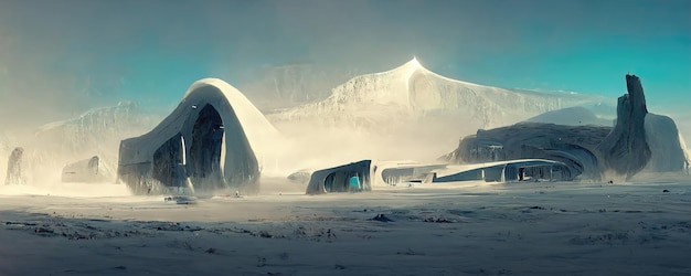 Scientific base in the ice Research center in the snow landscape 3d illustration