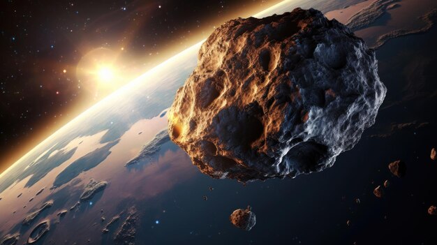 Foto un concetto scientifico di un'immagine di un asteroide che vola nello spazio sullo sfondo della terra