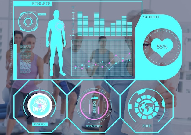 Photo scientific data processing on screens over senior people exercising. global medicine science and technology concept digitally generated image.