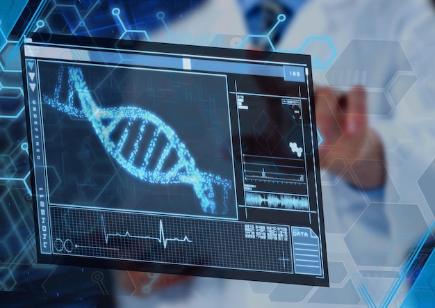 디지털 화면에서 dna 가닥을 사용한 과학적 데이터 처리