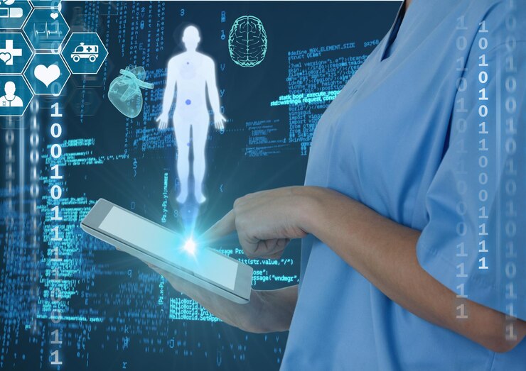 Photo デジタルタブレットを使用した女性医師の人体とアイコンによる科学的データ処理。グローバルな医学科学技術の概念は、デジタルで生成された画像です。