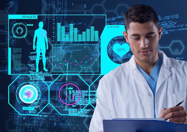 Elaborazione scientifica dei dati con il corpo umano e la scansione dell'oscilloscopio con la scrittura di un medico maschio
