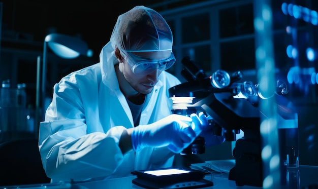 Scientific Discovery A Man in a Lab Coat Unveiling the Secrets of the Microscopic World A man in a lab coat working with a microscope