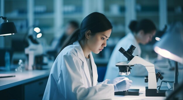 科学 発見 微鏡 を 用い て 働く 女性 研究 者