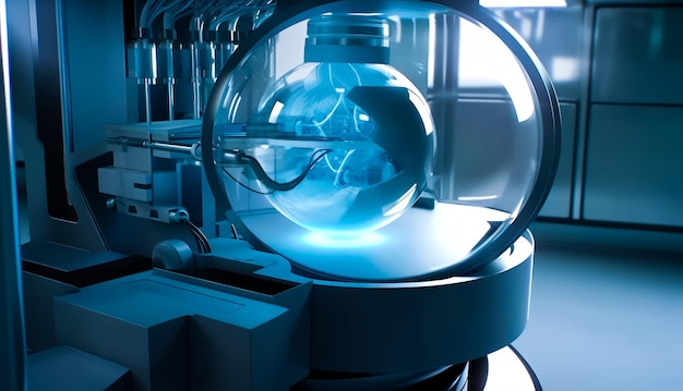 Научное оборудование с большими стеклянными пузырями Машина для исследований в футуристической лаборатории Генеративный ИИ