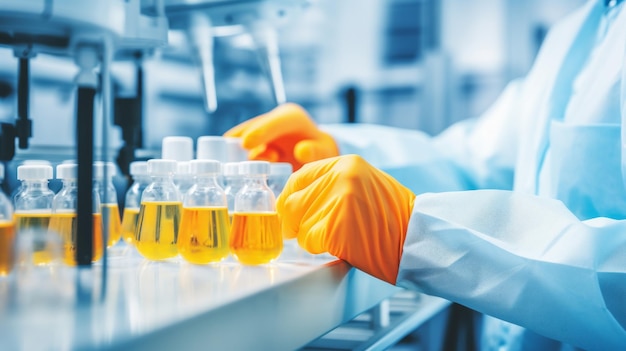 Scientific experiment laboratory environment The image shows a scientist in a blue coat and orange gloves holding a tray of test tubes