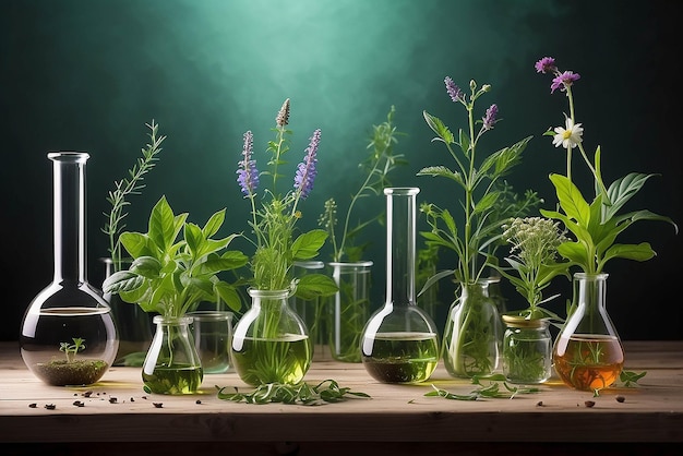 Photo scientific experimentherbsflower and green leavr in beaker and test tubes