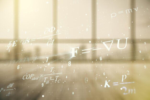 Photo scientific formula illustration on modern interior background science and research concept multiexposure