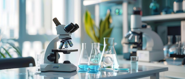 Photo scientific lab biotechnology development center of hightech equipment technology with microscope and test tubes with biochemicals molecular biology clinical lab biotechnology development center of