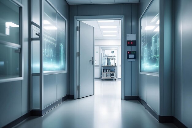 Photo scientific laboratory door frame and blurred corridor science elements and technology background